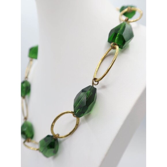 ANNA & AVA Green Faceted Bead Gold Tone Open Link Necklace Statement Chunky NWT - Picture 3 of 6
